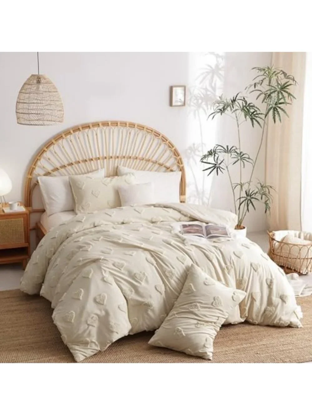Queen Boho Tufted Comforter Set - Beige Textured Bedding, 3-Piece Farmhouse Chic